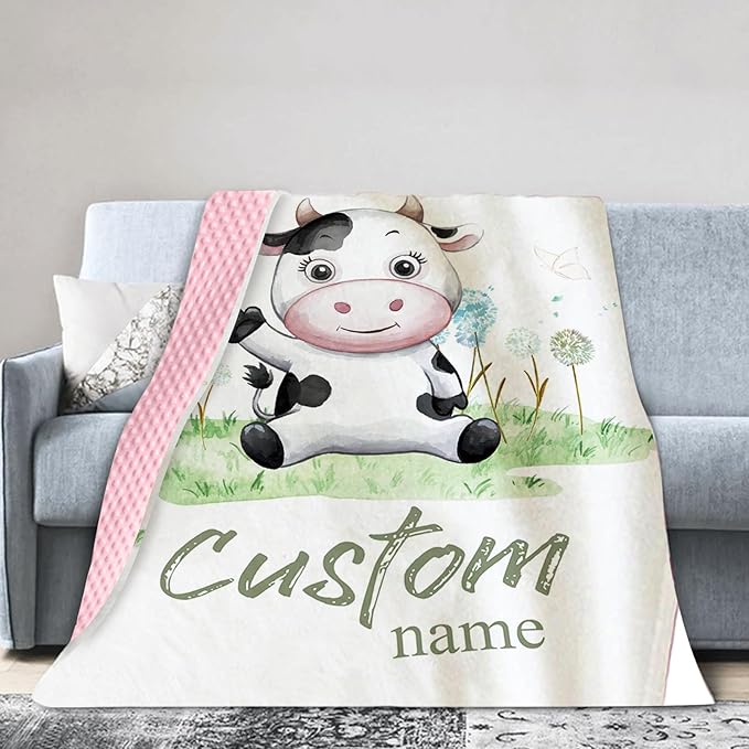 Personalized Baby Blankets for Boys Girls, Custom Name Cows Theme Baby Blanket, Soft Receiving Blanket for Newborns and Toddlers, Ideal for Baby Showers and Nursery Decor