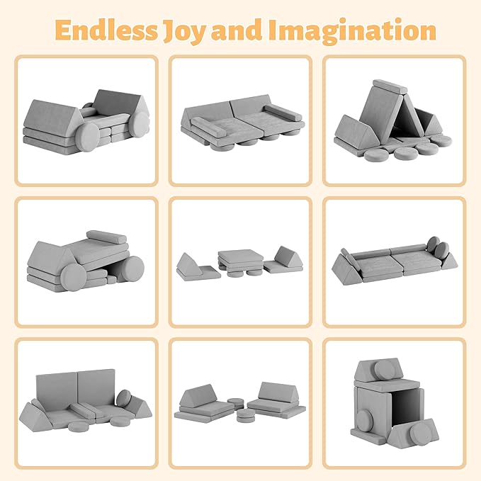 12 PCS Modular Kids Play Block Couch Child Sectional Soft Sofa Toddler Building Fortplay Climbing Bedroom Playroom Baby Convertible Floor Foam Cushion for Boys & Girls (car-Shaped-Grey)