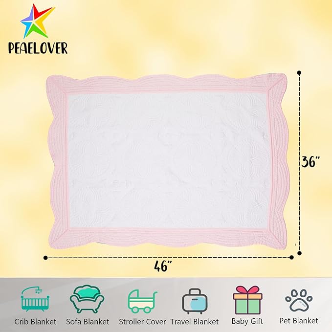 PEACELOVER Embossed Neutral Baby Quilt Durable, Lightweight Baby Blankets Four Seasons for Personlized Monogram Cotton Quilted Blanket Toddler Quilt for Boys and Girls 46x36 Inches (White & Pink)