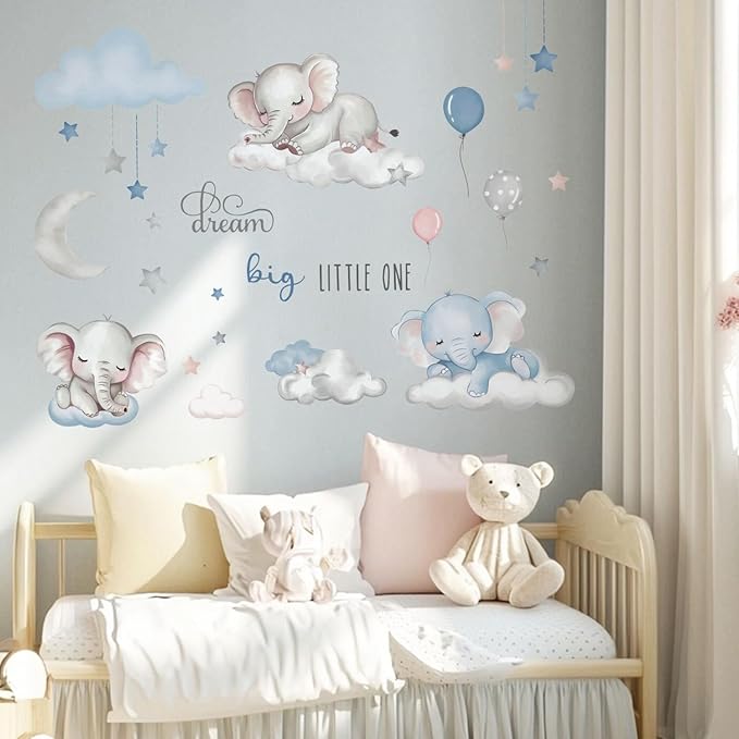 Dream Big Little One Elephant Wall Stickers,Dreamy Moon Stars Balloons Cloud Decor for Kids Room, Nursery & Play,Living Room,Bedroom