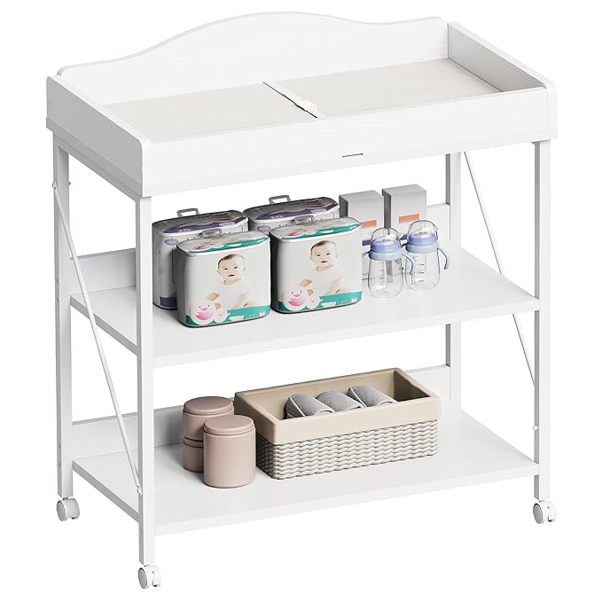 Baby Changing Table, Diaper Changing Station with Pad and Wheels, Two-Tier Open Storage Shelves, Waterproof Diaper pad & Safety Strap, Compact Baby Furniture for Nursery, White