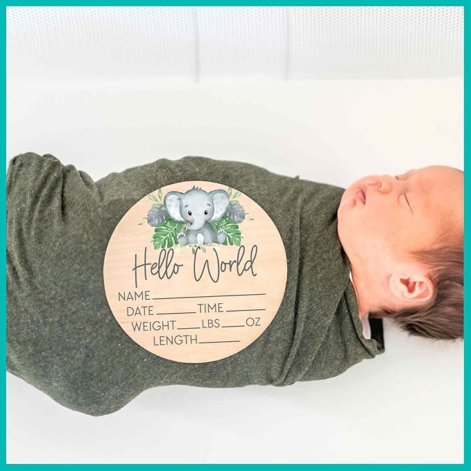Birth Stat Sign for Newborn - Baby Name Announcement - Hello World Elephant Hospital Photography Prop - Jungle Safari