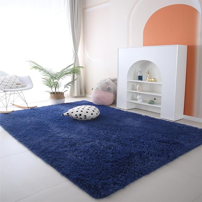 CAIYUECS Blue Area Rug for Living Room: Indoor Ultra Soft Shag Plush Rugs for Bedroom - Non-Skid Modern Nursery Faux Fur Rugs for Kids Room Home Decor (8x10 Feet, Navy Blue)