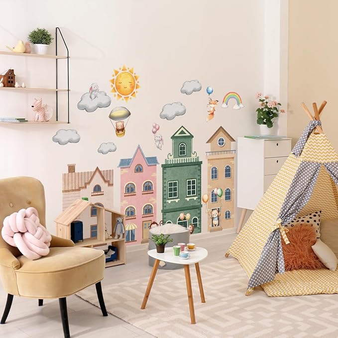 Cartoon City Wall Decals, Whimsical Hot Air Balloons, Houses, Animals, Rainbow, Sun, Clouds Design, Removable Vinyl Stickers for Kids Room, Nursery, Bedroom, Playroom Decor (Colorful-01)
