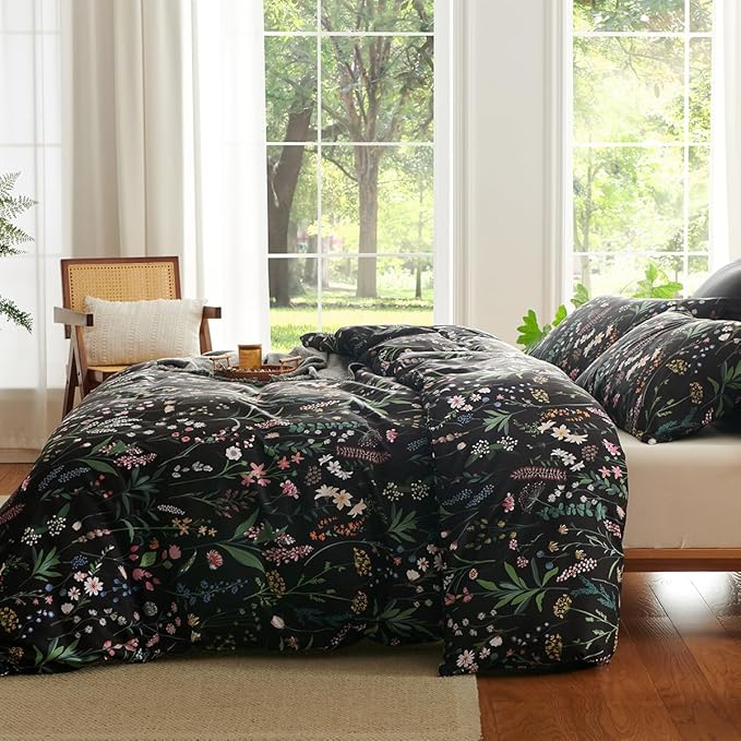 Floral Duvet Cover Queen Black 3 Pieces Elegant Botanical Flower Bedding Set Farmhosue Aesthetic Bedding Soft Microfiber Duvet Cover Set with 2 Pillowcases