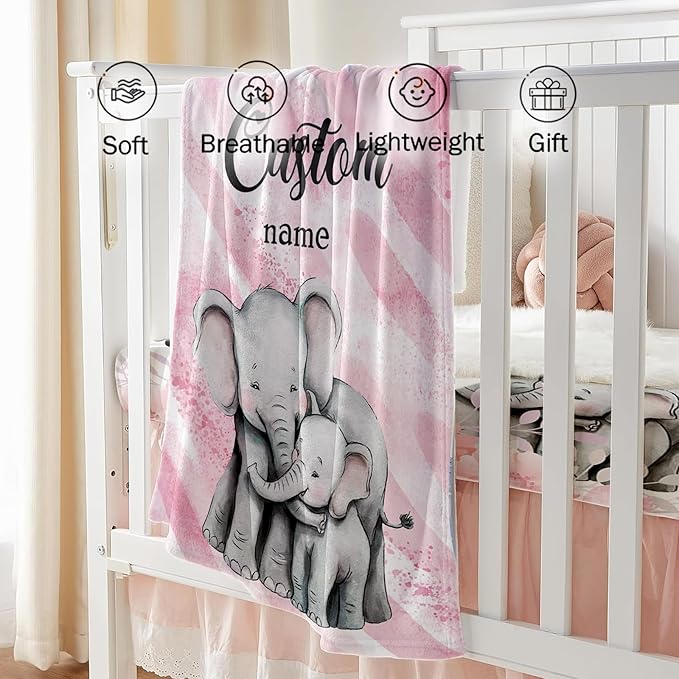 Custom Baby Crib Bedding Set - Pink Elephant Design Personalized Name Baby Nursery Bedding 3 Pcs Set - Chic Soft Blanket, Fitted Sheet, Room Rug for Newborns Boys Girls Gifts