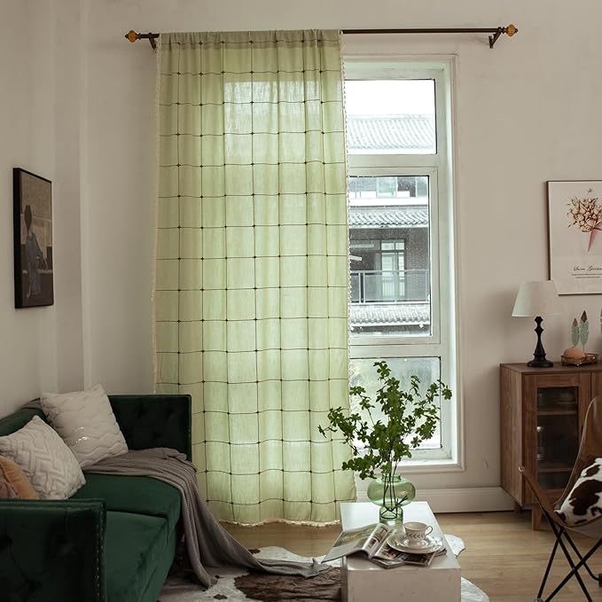 Deeprove Green Boho Curtains for Bedroom 84 Inches Long, Sage Checkered Bohemian Chic Textured Embroidery Plaids, Vintage Tassels Country Decor Drapery, Rod Pocket, 1 Panel W52 x L84, Light Mint