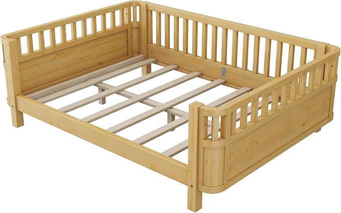 KEIKI Full Size Wooden Floor Bed, Montessori Platform Bed Frame with Low Profile & Safety Rails, Space Saving Kids Beds for Boys Girls Bedroom, No Box Spring Needed, Easy Assembly, Noise Free, Brown