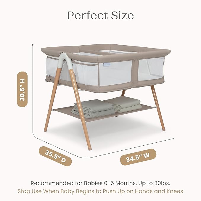 Delta Children Bondi Beechwood Twin Bassinet with PureAir Breathable Mesh Sheet and FSC-Certified Wood, Tan