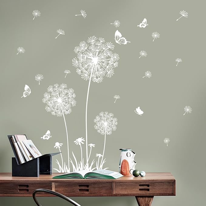 2 Sheets Dandelion Wildflower Wall Decals Art, Wall Stickers Peel and Stick Floral Butterflies Flying Decor for Girls Kids Women Baby Nursery Living Room Bedroom Bathroom Hallway Stairwell (White)