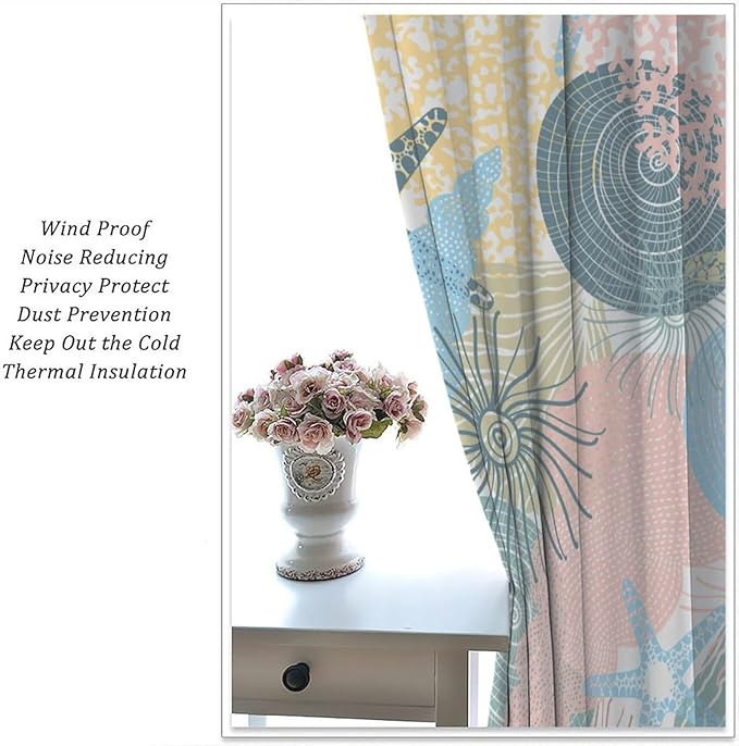 Nautical Blackout Curtain Beach Theme Starfish Seashell Nautical Rustic Ocean Sea Vintage Retro Coastal Summer Bedroom Set 2 Panels,55x63 Inches