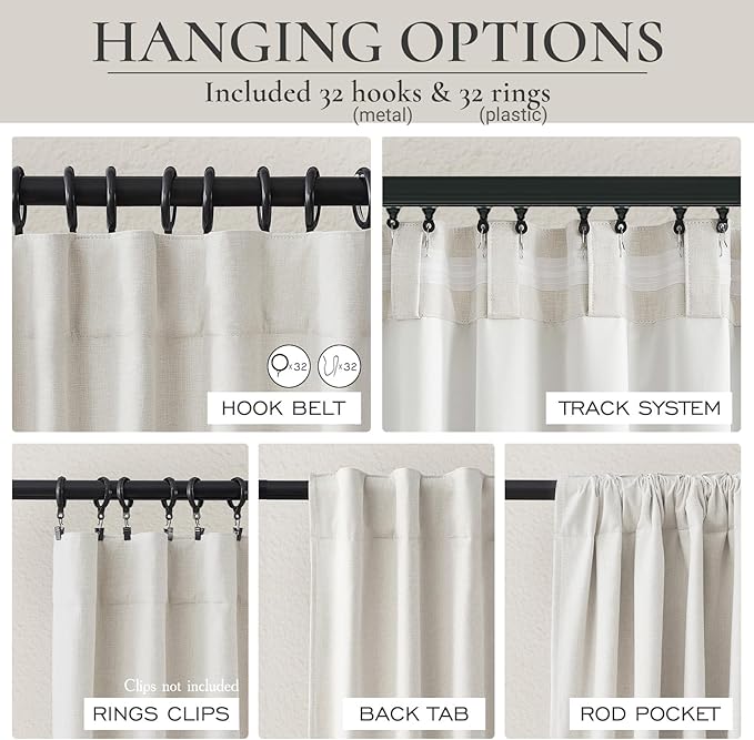 Short Linen Blackout Curtains for Bedroom 45 Inches Length 2 Panels Set, Kitchen/Bathroom Curtains for 42 Inch Small Window, Heat Blocking Thermal Insulated,Hook Belt Pleated/Back Tab