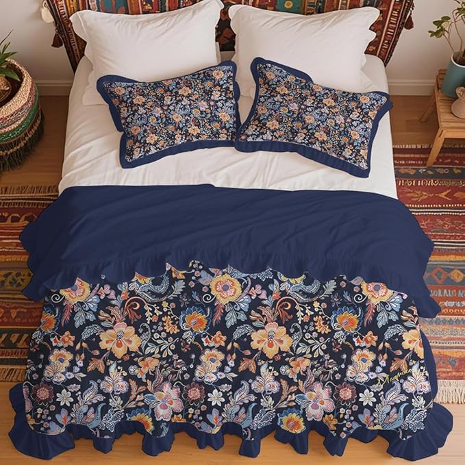 MAGRACE Ruffle Duvet Cover Queen Size 100% Cotton,3pc Linen Feel Boho Vintage Ruffled Quilt Cover Set French Country Rustic Cornflower Blue Comforter Cover Aesthetic Soft Bedding Set