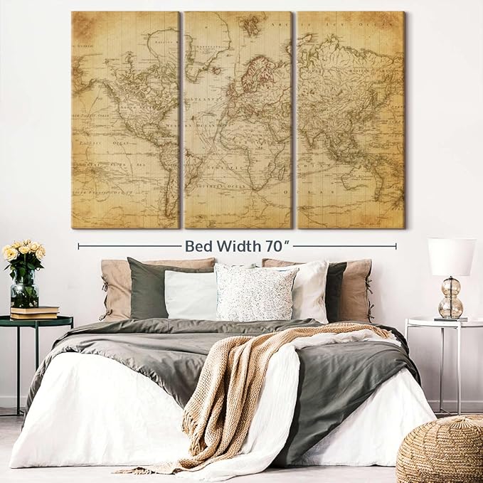 ElephantStock Old Century World Map Wall Art Multi Piece Canvas - 3 Piece Canvas World Map Wall Decor - Decor Ready-to-Hang Print - Vintage Wall Art - 74" X 48"