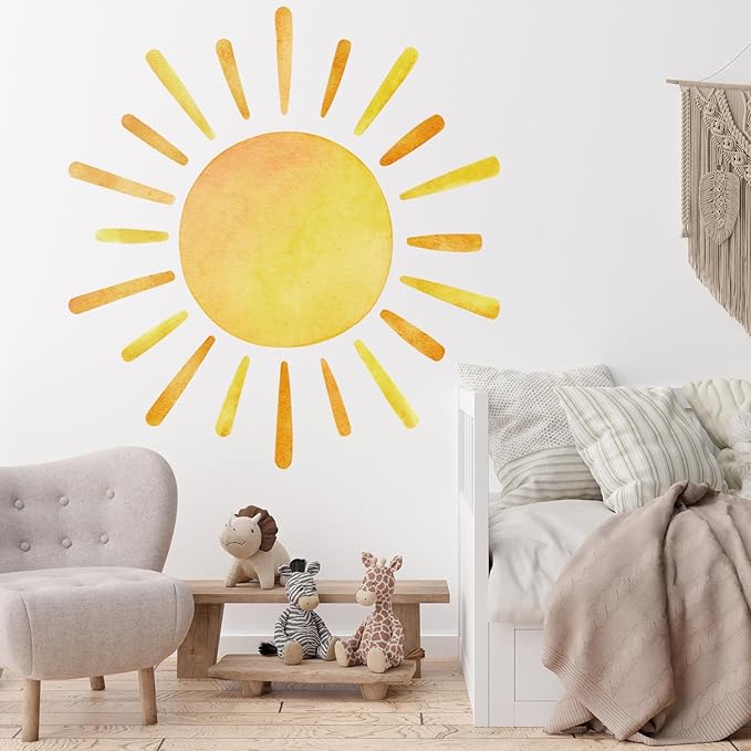 41.7” X 39.8” Watercolor Boho Sun Wall Decals Peel and Stick, PVC Sunrise Wall Stickers, Yellow Sunshine Wall Art Decor for Kids Room Playroom Nursery Bedroom