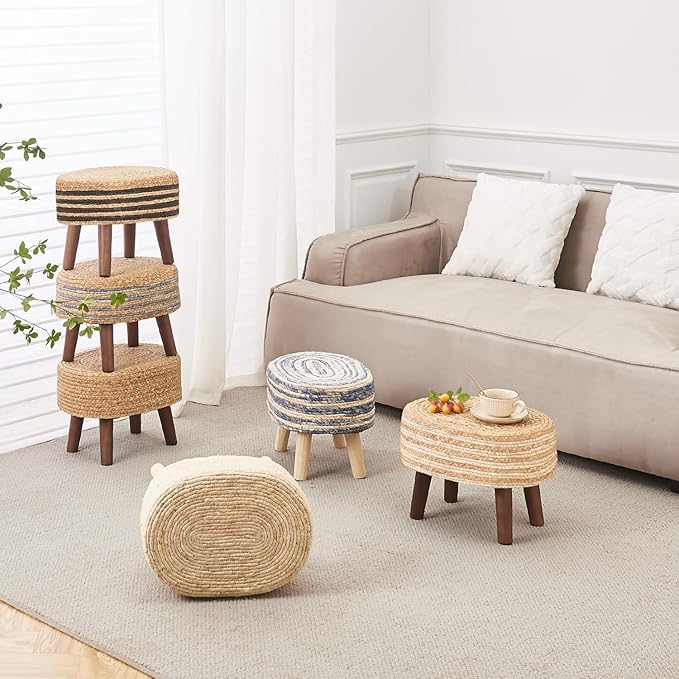 Cpintltr Round Ottoman Natural Seagrass Footstool Hand Weave Water Hyacinth Poufs Eco Friendly Sofa Foot Stool Soft Step Stool Padded Foot Rest with Pine Legs for Living Room (Black and Solid)