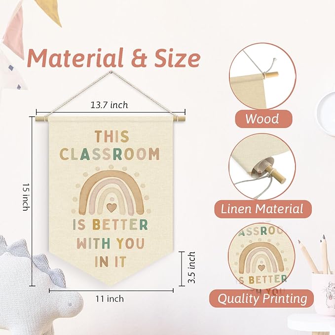 Boho Nature Cute Classroom Wall Art Decor,This Classroom Is Better with You in It Linen Canvas Banner, Rainbow Welcome Sign Wall Hanging Pennant Flag Banner for Preschool, 15x11in