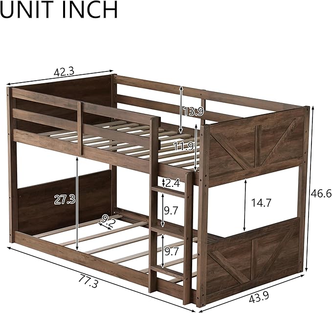 Bunk Bed Twin Over Twin, Wood Low Profile Floor Twin Bunk Beds with Headboard Ladder Guardrails for Kids Boys and Girls, No Box Spring Needed