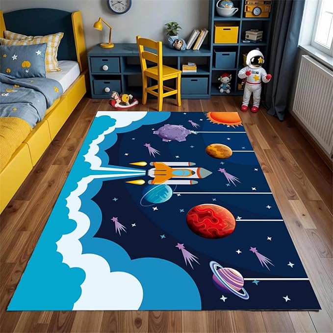 Outer Space Rugs,5x7ft,Kids Playroom Crawling Mat,Machine Washable,Non-Slip Carpet with Cartoon Planets and Rocket Design,Suitable for Kids Bedroom,Classroom,Nursery Decorative Rug