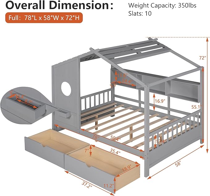 Full Size Bed Frames for Kids, House Bed with Window and Fence, Wood Platform Bed Frame with Drawers and Shelves, Playhouse Bed for Boys Girls, Gray, 78" L x 58" W x 72" H