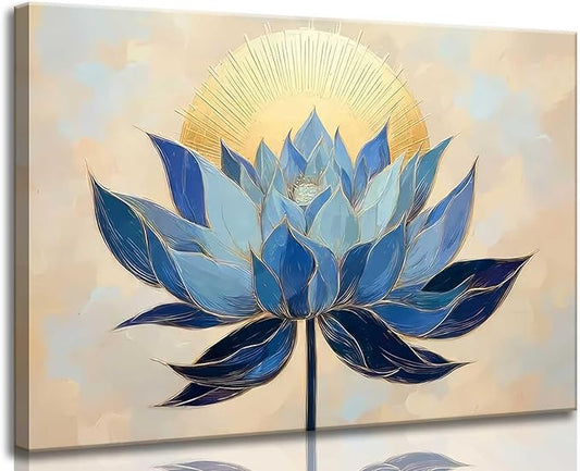 Zen Canvas Wall Art Abstract Blue Lotus Flower Boho Sunrise Gold Sun Spiritual Painting Pictures Wall Decor Poster Print Artwork for Office Yoga Room Spa Room Meditation Room Home Decoration