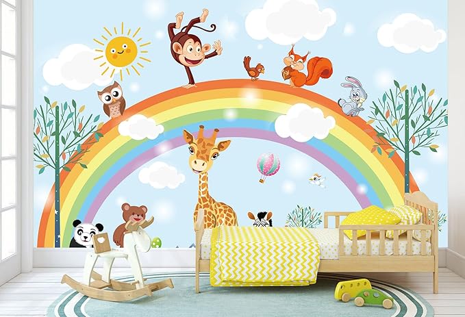 Rainbow Kids Wallpaper Nursery Cartoon Animal Fairy Colorful Wall Mural for Bedroom Living Room (Not Peel n' Stick)