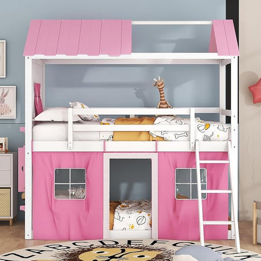 MERITLINE Full Over Full Princess Castle Bunk Bed with Tent,Ladders and Guardrail, Solid Wood Playhouse House Floor Bunk Bed with Windows and Roof (Full,Pink & White)