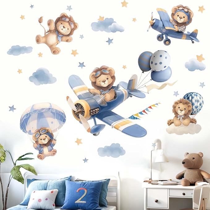 Airplane Animals Wall Stickers - Hot Air Balloon Lion Clouds Wall Decals - Girls Bedroom Baby Nursery Kids Room Wall Decor