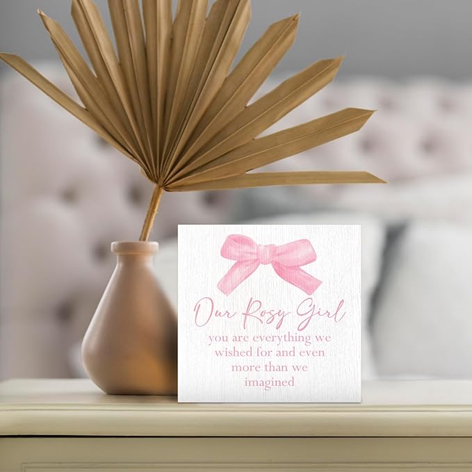 Coquette Bow Our Girl Nursery Wood Box Sign - Baby Girl Nursery Desk Shelf Decor, Pink Coquette Room Decor, Pink Inspirational Wooden Block Plaque Box Sign for Girls Room Dorm Decorations