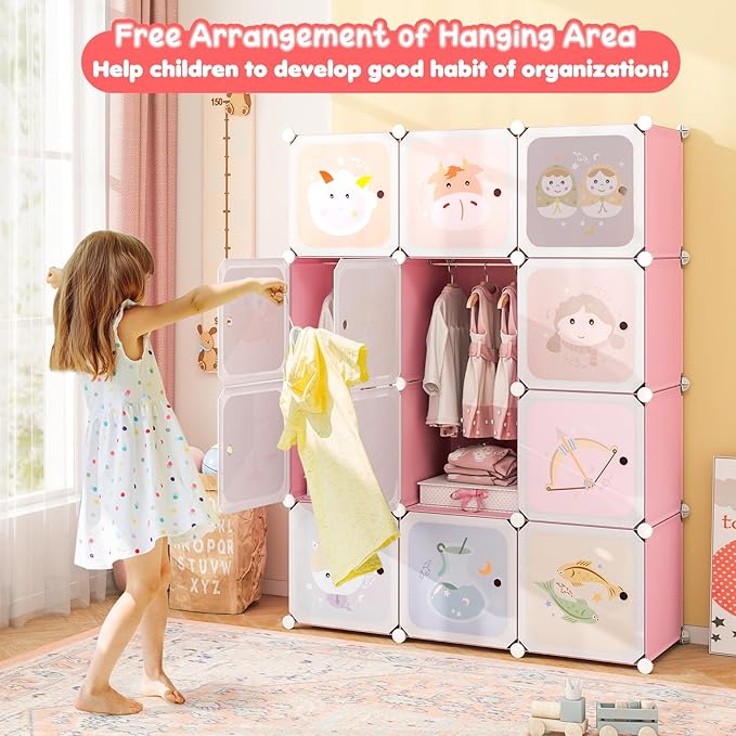 Costzon Kids Closet, Cartoon DIY Modular Dresser Storage Organizer with 12 Cubes & 2 Clothes Hanging Rack, Portable Armoire for Baby Toddlers, Kids Wardrobe for Bedroom Nursery