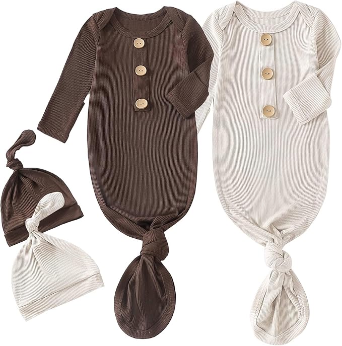 OPAWO Knotted Gown Baby Newborn Sleepers Baby Boy Coming Home Outfit, Bamboo Viscose Baby Gowns with Mitten Cuffs and Hat Set