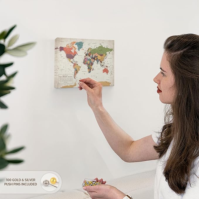 ElephantStock - Personalized World Awaits II Push Pin World Map Wall Art - Horizontal Canvas Wall Art - Living Room Wall Decor - Digital Art Map Canvas Art - Green And Beige Decor - 12" x 8"