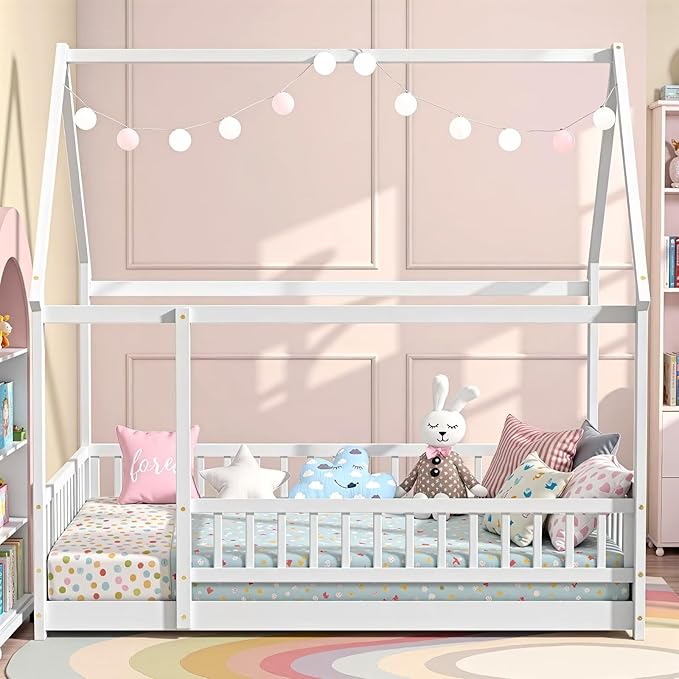LLS Queen Size Montessori Floor Bed Frame with Slats and Fence, Wooden House Bed for Boys Girls Bedroom, White