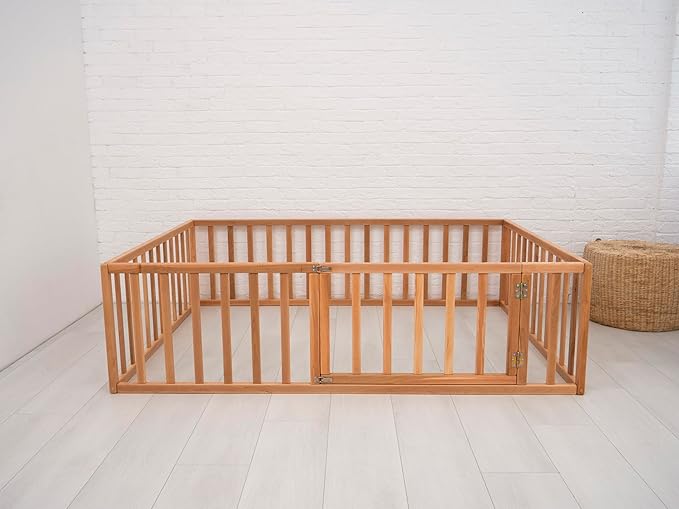 Montessori Floor Bed with 21.7" High Railings, Made in Europe from Alder Wood, 7 Colors Kids Bed Frame for Toddler Bedroom, 5 Sizes Toddler Beds for Boys and Girls, Water Based Paint (Model 19)