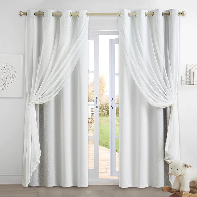 100% Blackout Curtains with Sheer Overlay Mix and Match Double Layer Drapes 96 Inch Long 2 Panels for Bedroom Living Room Grey White Ombre Grommet Window Treatment with Tiebacks