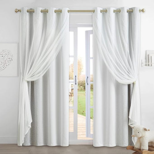 100% Blackout Curtains with Sheer Overlay Mix and Match Double Layer Drapes 96 Inch Long 2 Panels for Bedroom Living Room Grey White Ombre Grommet Window Treatment with Tiebacks