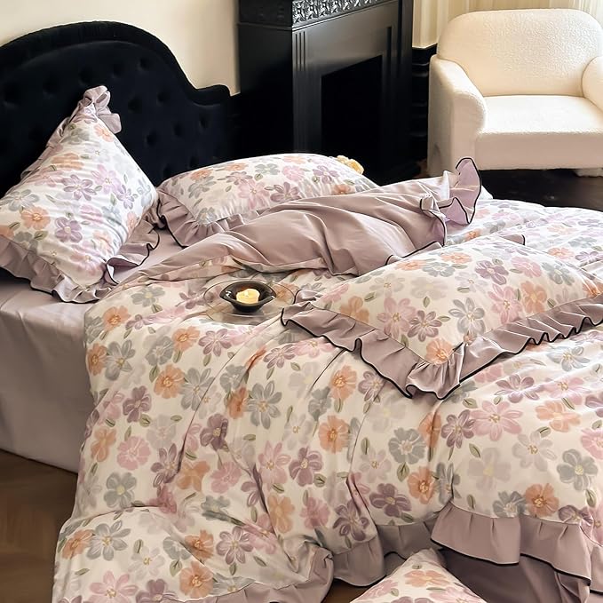 HighBuy Cottagecore Floral Ruffle Duvet Cover Queen for Kids Girls,Coquette Bedding Ruffle Duvet Cover Set Shabby Chic Brushed Cotton Bedding Set Breathable Durable Luxury with Zipper