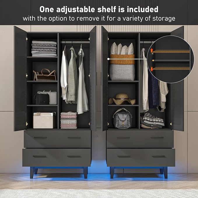 2 Door Armoire Wardrobe Closet Cabinet with Mirror, Drawers and LED Lights, Multi-Tier Shelves, Hanging Rod & 2 Louver Doors, Large Capacity Storage Wardrobe Armoire for Bedroom, Black