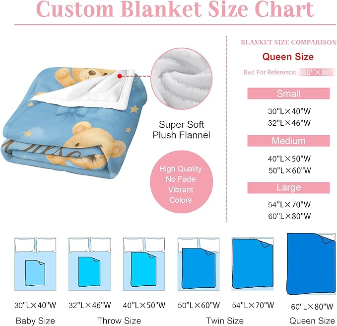 Personalized Baby Blanket – Printed in USA, Baby Blankets for Girls & Boys with Name, Newborn Essentials Must Haves, Soft Plush Flannel, Easter Christmas Brithday Gifts for Kids Toddlers (Blue Pink)
