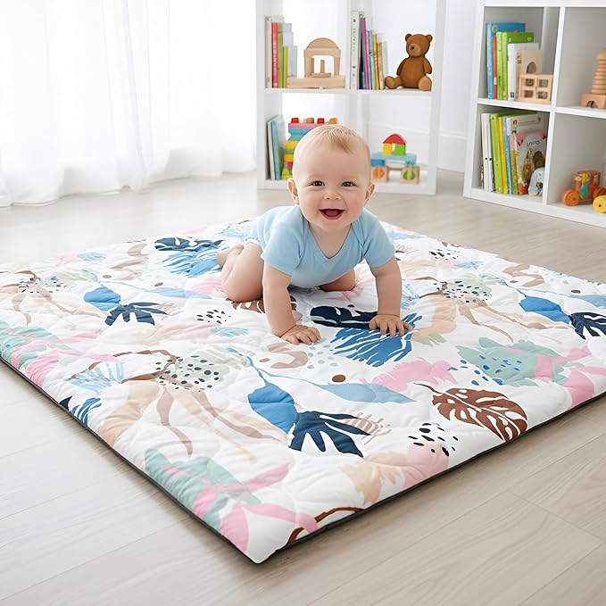 1.5" Thicker Baby Play Mat for Floor, 50x50 Removable & Machine Washable Cover Playpen Mat Softness Foam Mats, Easy-Clean Hygienic, Comfort Safety Kids Crawling (Tummy Time Leaves)