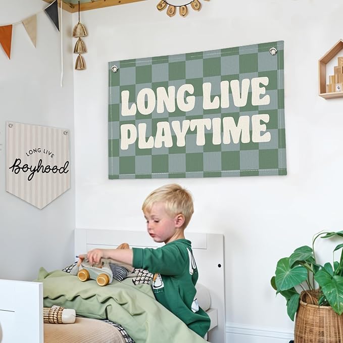 Lacama Playroom Decor, Play Room Wall Decor, Green Long Live Playtime Linen Banner Wall Hanging, Boho Cute Banner Flag Decor for Nursery Boys Room 30x20 Inch