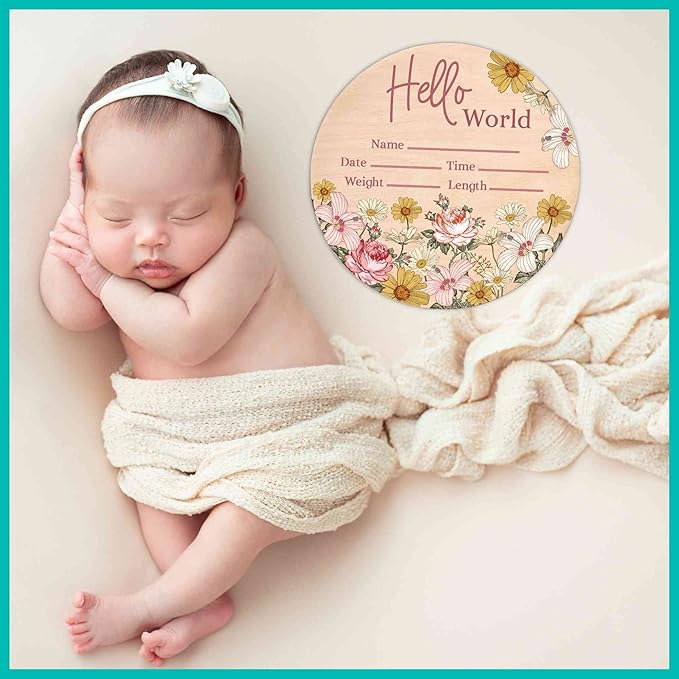 Hello World Newborn Sign - Baby Name Birth Announcement Plaque for Hospital - Daisy Pink Floral - Photo Prop - Nursery Decor - Shower Gift