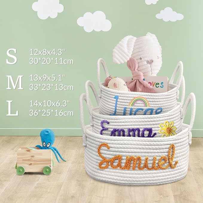 Personalized Baby Basket with Name Custom Cotton Rope Storage Bin for Diaper Caddy, Organizer, Keepsake - Shower Gift