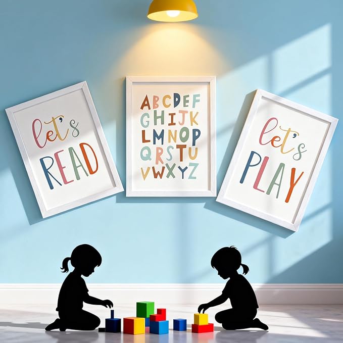 3 PCS Alphabet Framed Playroom Wall Decor,Classroom Must Haves Boho Educational ABC Poster Wooden Sign for Baby Girl Kid Boy Toddlers,Neutral Preschool English Letters Nursery Decor for Homeschool Kindergarten Kids Learning White