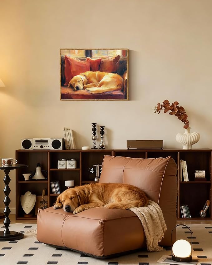 ARPEOTCY Vintage Framed Canvas Wall Art, 12x16inch, Farmhouse Sleeping Dog Wall Decor, Animal Art Prints Home Decorations, Labrador Paintings for Living Room Bedroom Office Decor