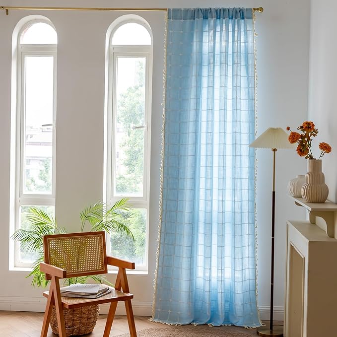 Deeprove Blue Boho Curtain 84 Inches Long for Kid Boy's Bedroom Nursery Room, Cotton Linen Lattice Plaids Embroidery Semi Blackout Bohemian Window Treatment Grids Drape Tassels, 1 Panel W52 x L84