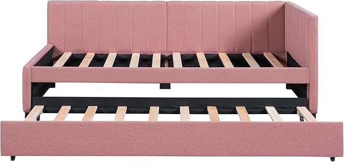 Harper & Bright Designs Upholstered Daybed with Trundle Twin Size Sofa Bed Frame No Box Spring Needed, Linen Fabric(Pink)