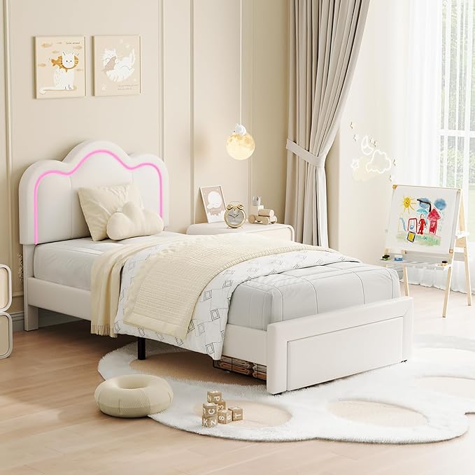 GarveeHome Twin Upholstered LED Bed Frame with Headboard, Faux Leather Princess Platform Bed Fram for Kids, Wooden Slats Support, No Box Spring Needed (Cream with Drawer, Twin)