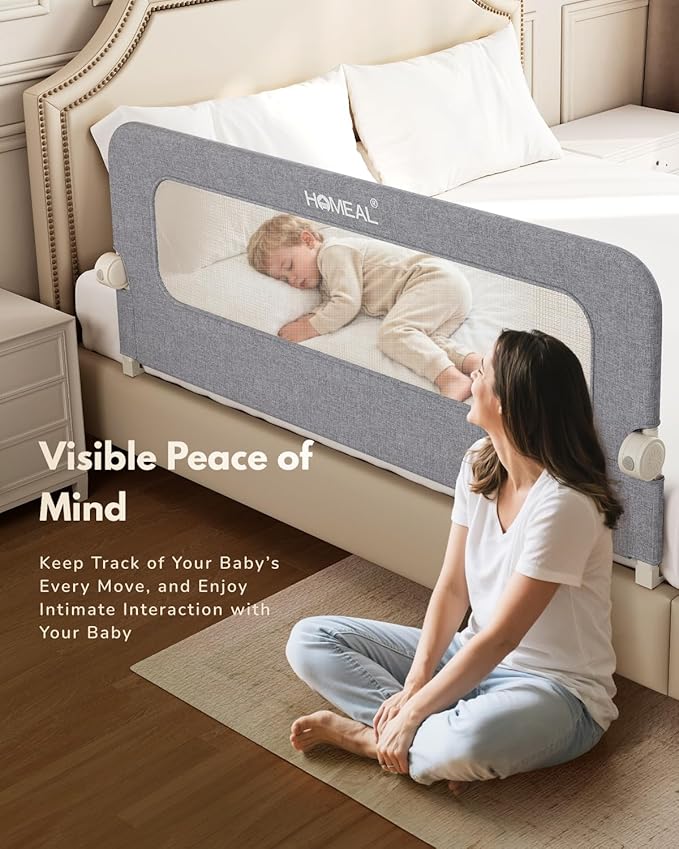 HOMEAL Toddler Bed Rails - 47"x24" Foldable Baby Bed Rail Guard with U-Shape Base - Kids Guard for for Twin, Full, Queen, King Beds - Breathable Bed Rail for Baby, Grey, 1 Pack