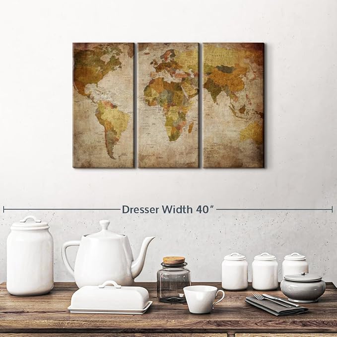 ElephantStock World Map Multi Piece Canvas - 3 Piece Canvas World Map Wall Decor - Wall Decor, Ready-to-Hang Print - Vintage Wall Art - 23" X 14"